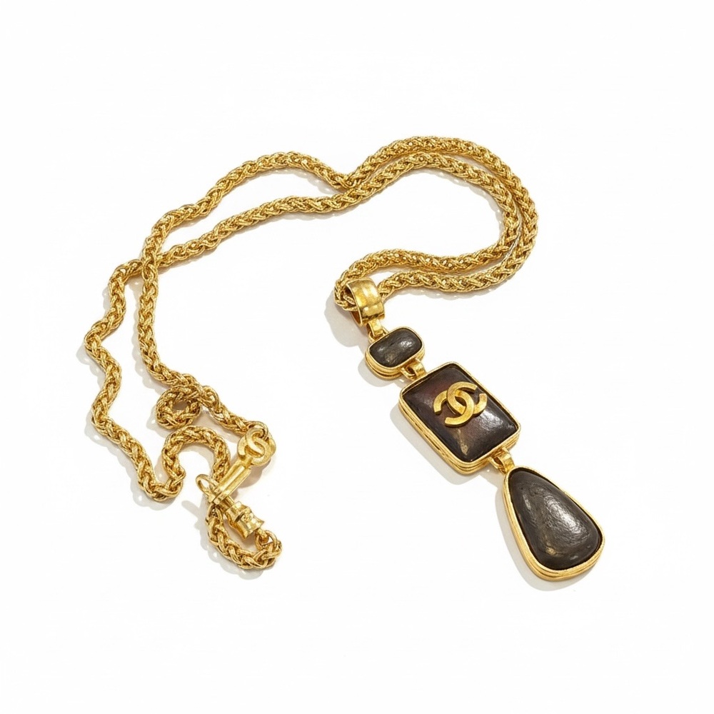 CHANEL 24 Gold Plated Necklace with Brown Stone Accents - Picture 10 of 13